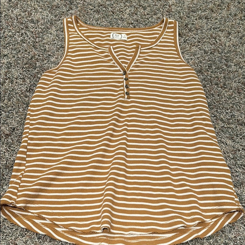 Striped Sleeveless Henley Top - Brown and White